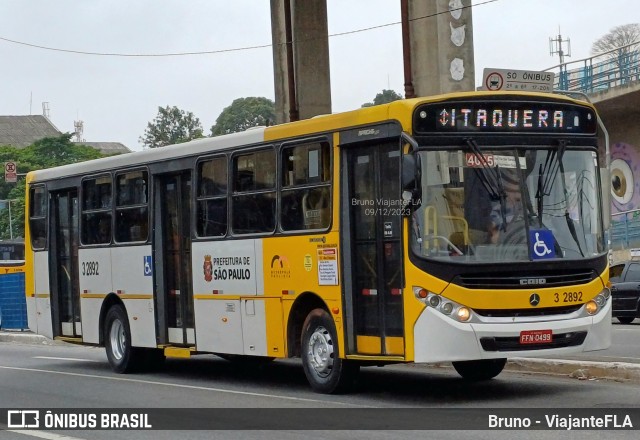 Viação Metrópole Paulista - Zona Leste 3 2892 na cidade de São Paulo, São Paulo, Brasil, por Bruno - ViajanteFLA. ID da foto: 11706155.